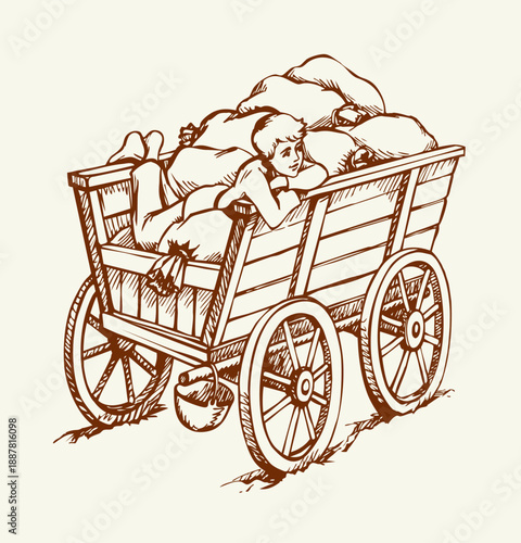 Vector drawing. A cart with bags and boy