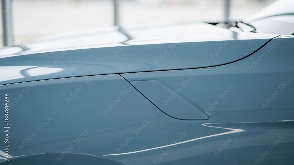 Fototapeta premium Sleek car exterior with reflective blue paint and curved lines.