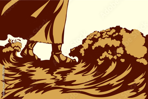 Vector drawing. A man walking on waves in a storm