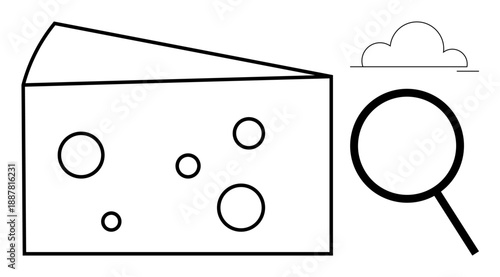 Large cheese wedge with holes and magnifying glass symbolizing examination, analysis, quality control. Ideal for food industry, inspection, investigation, quality, precision, process simple flat