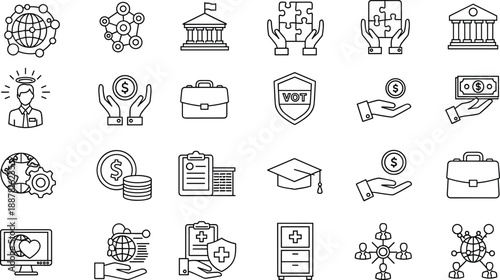 Business finance government healthcare global network line icons set including money protection voting education teamwork and world connection symbols
