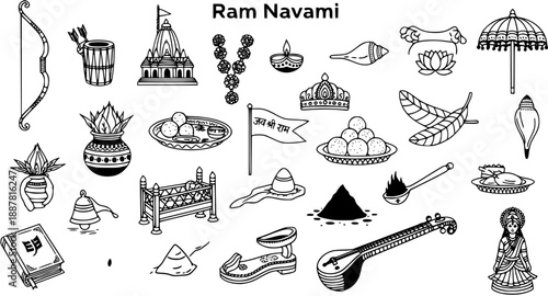Ram Navami Hindu Festival Black and White Line Art Icon Set. Indian Religious Symbols, Cultural Elements, and Spirituality Objects for Celebration.