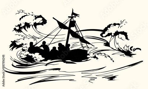 Vector drawing. Sailors on a ship in a storm