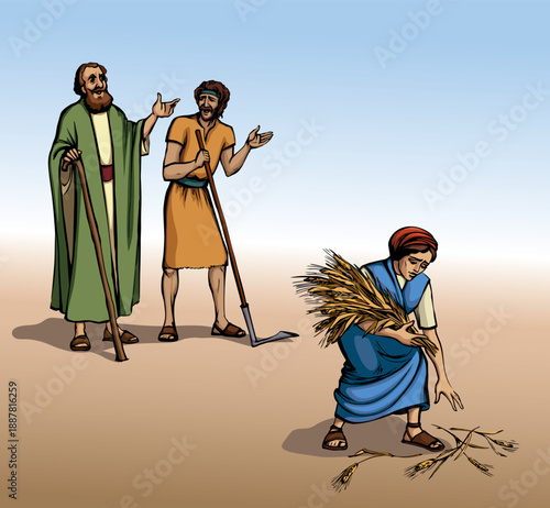 Vector drawing. Ruth and Boaz in the field