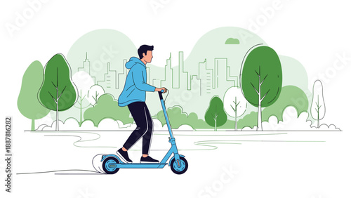 Active young man riding a modern electric scooter through a green city park with futuristic skyscrapers in the background landscape.