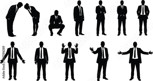Business men silhouettes collection, suit formal poses, professional corporate people gestures, leadership teamwork concepts, black isolated vector set