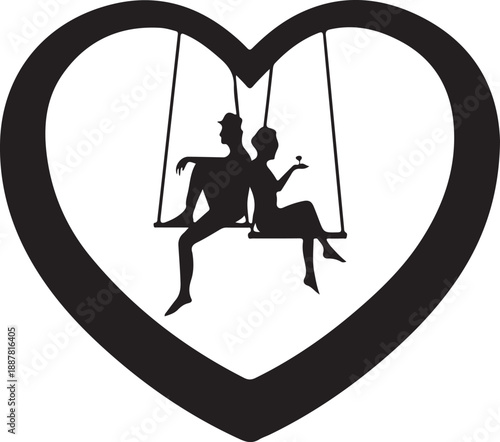 Romantic Silhouette: Elegant Couple on a Heart-Framed Swing