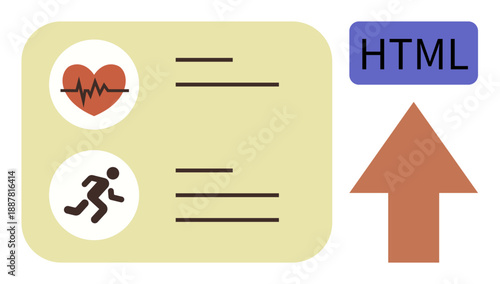 Health tracking, fitness apps, data management, HTML integration, web development, technology visualization. Heartbeat and running icons with upward arrow pointing to HTML. Health tracking