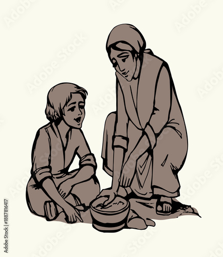 Vector illustration. Woman with her son