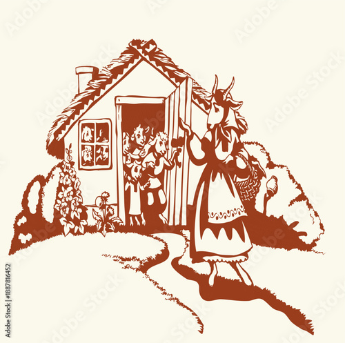 A goat and kids in a house. Vector illustration