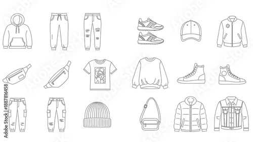 Collection of modern casual clothing items and accessories including various pants shirts outerwear headwear footwear and bags presented in a black and white line art style