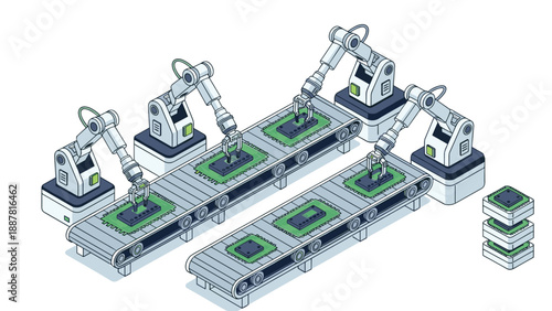 Industrial robotic arms working on a conveyor belt in a highly automated smart factory for high-tech electronics manufacturing.