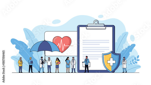Team of medical professionals providing healthcare services with protection symbols like a safety umbrella, shield, and medical clipboard.