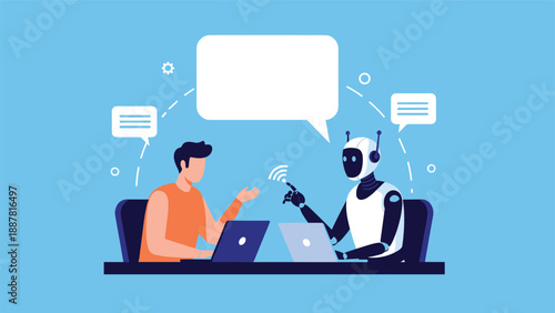 Interaction between a human professional and an artificial intelligence robot using laptop computers for collaborative work tasks.