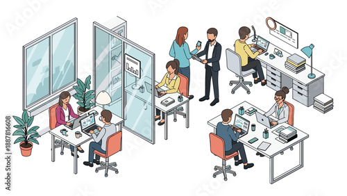 Busy isometric office environment with diverse employees working on laptops, collaborating in teams, and having productive meetings.