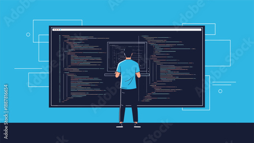 Software engineer monitoring and writing complex source code on a large digital screen for advanced web application development.