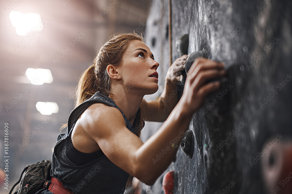 Fototapeta premium Determined female athlete climbing an indoor rock wall, focused on grip and technique during an intense training session at a modern climbing gym