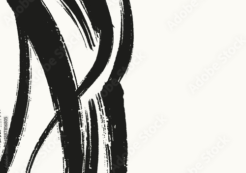 Bold black ink brush strokes on white background creating expressive abstract art, ideal for modern design, minimal visuals, and artistic concepts.