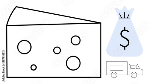Cheese block with holes, dollar sign on money bag, and delivery truck icon. Ideal for concepts such as food trade, supply chain, e-commerce, logistics, cost analysis, financial planning and market
