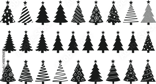 Christmas tree silhouette collection featuring decorated holiday trees star toppers festive ornaments simple modern designs winter seasonal vector illustration set