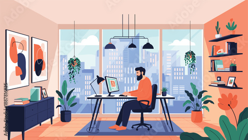 Freelancer or remote worker working on a computer in a stylish, modern home office with panoramic city views and indoor plants.