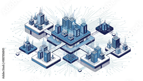 Complex network of interconnected servers and data hubs representing an advanced enterprise cloud computing and storage system.