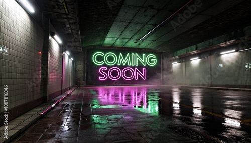 A dimly-lit, tiled subway station with water reflections, illuminated by a neon 