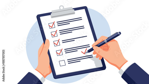 Close up of a person checking off completed tasks on a list with a pen on a blue background clipboard representing productivity.