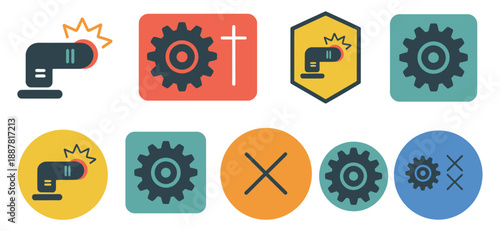Construction tools illustration, flat icon set of hand tools, safety gear, and industrial equipment. vector design