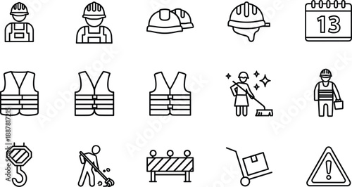 Construction safety line icons set, worker helmet vest tools warning signs, industrial job equipment, outline vector illustration