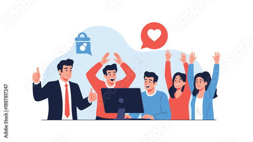 Happy diverse team of professionals celebrating business success and project completion in front of a computer screen in the office.