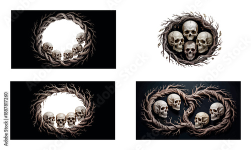 Dark fantasy skull wreath horror illustration on black  
