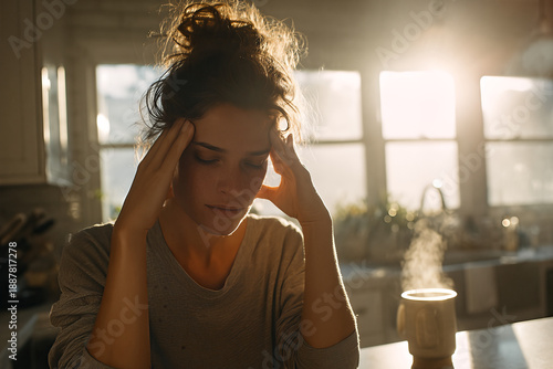 Young woman holding her temples in a sunlit kitchen beside a steaming mug of coffee, conveying morning exhaustion and quiet contemplation