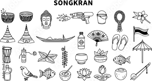Songkran Thai New Year Festival Black and White Line Art Icon Set. Cultural, Traditional, and Holiday Symbols with Water Celebration Elements.