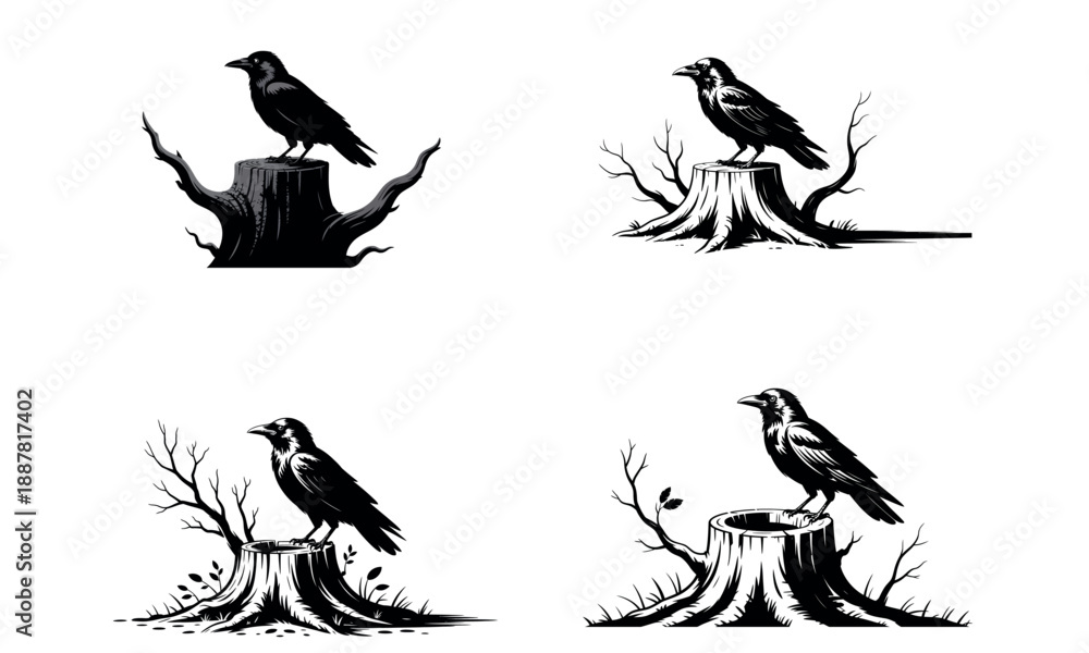 Obraz premium Black silhouette raven bird on tree stump illustration 