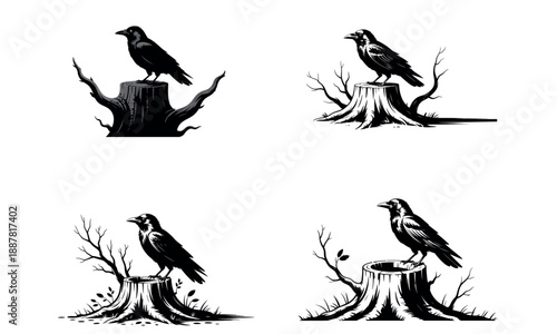 Black silhouette raven bird on tree stump illustration  
