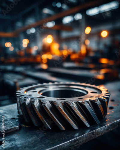 Close-up of large metallic gear cog ring on industrial workshop table surface