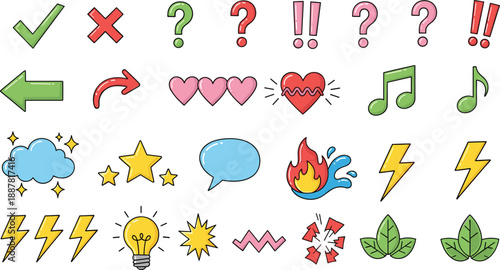 Cute colorful doodle icons collection featuring check marks hearts stars arrows speech bubbles lightning symbols music notes elements cartoon vector design set