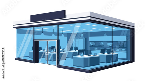 Modern glass office interior design with multiple computer workstations and an open plan layout for a productive business environment.