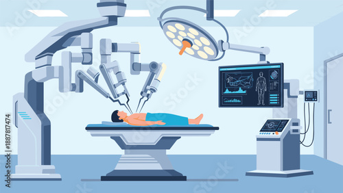 Advanced medical technology featuring robotic arms performing a precise surgery on a patient in a high-tech operating room theater.