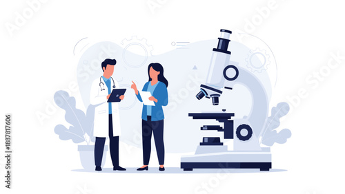 Professional scientists or doctors discussing research results in a laboratory setting next to a large optical microscope equipment.