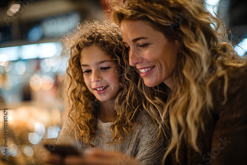 Smiling mother and daughter sharing a warm moment while looking at a smartphone together in a cozy indoor market with soft bokeh lights