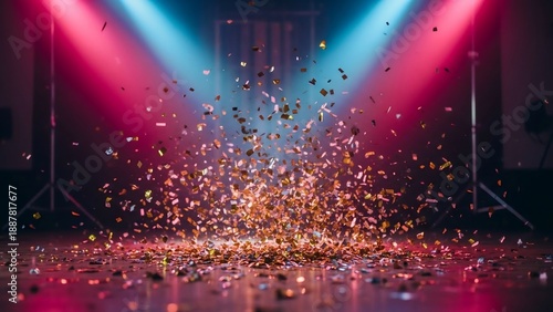 Vibrant Confetti Explosion Under Neon Stage Lights.