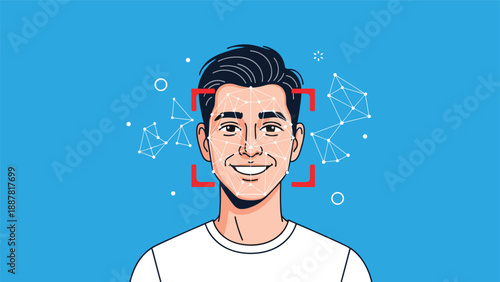 Detailed facial recognition scan of a smiling man with red framing and biometric data points for secure identity verification systems.
