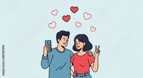 Young couple taking selfie with hearts love and affection concept