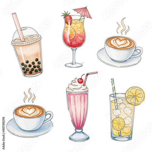 Colorful set of drinks and food icons with coffee tea cocktails juice and fruit