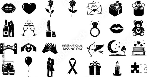 Valentine's Day and Love Relationship Icons Set in Black  White Glyph Silhouette Style