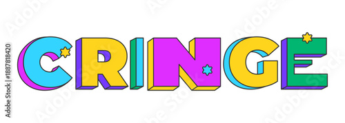 Cringe playful 3D text design. Awkward moment. Embarrassing reaction. Secondhand-shame. Discomfort vibe. Multicolor block letters. Retro funky style with stars. Pop culture. Montserrat font used