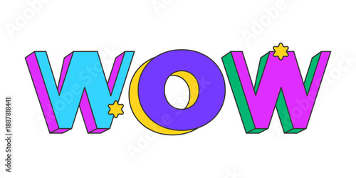 Wow playful 3D text design. Amazement excitement expression. Admiration reaction. Impressive viral post. Multicolor block letters. Retro funky style with stars. Pop culture. Montserrat font used