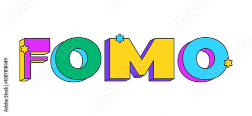 FOMO playful 3D text design. Fear of missing out. Event hype. Sales urgency. Exclusive access. Stay updated. Multicolor block letters. Retro funky style with stars. Pop culture. Montserrat font used